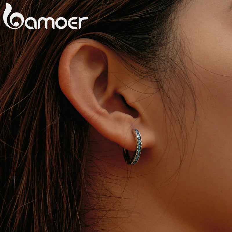 Bamoer Genuine 925 Sterling Silver Blue Turquoise Hollow Star Hoop Earrings for Women Geometric Silver Ear Buckles Jewelry Gift