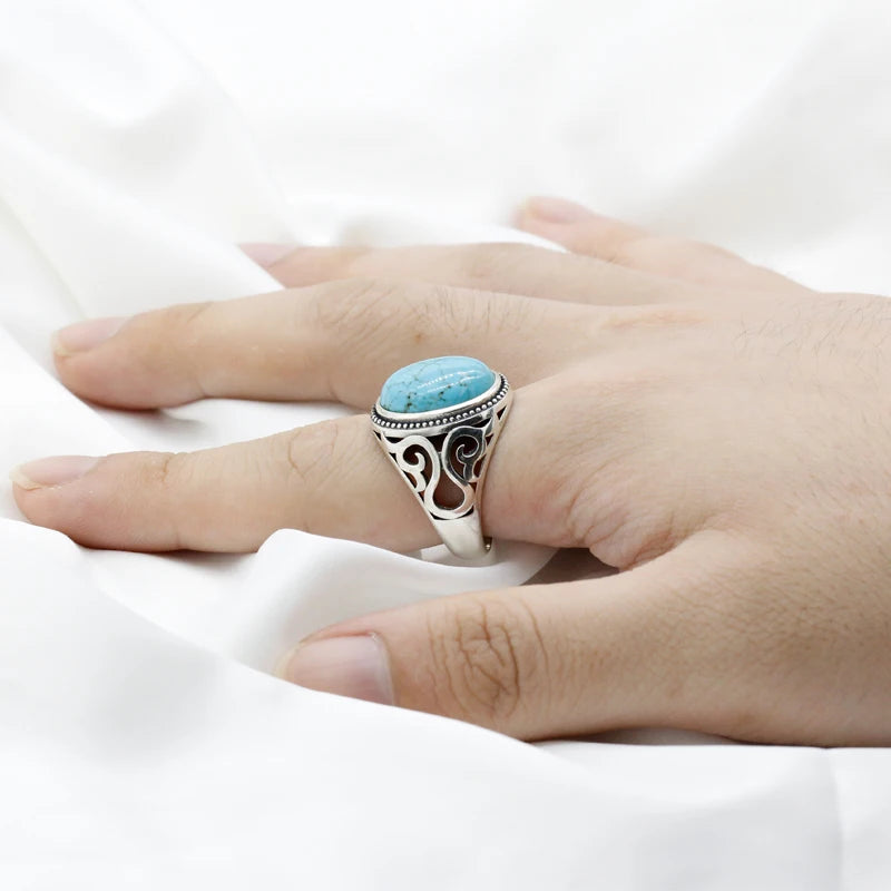 New Hot Selling 925 Sterling Silver Men's Ring Large Turquoise Men's Punk Ring High Jewelry